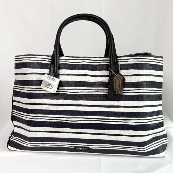 COACH BLEECKER EMBOSSED LEATHER LARGE TOTE 31081 Navy/WHITE striped NWT